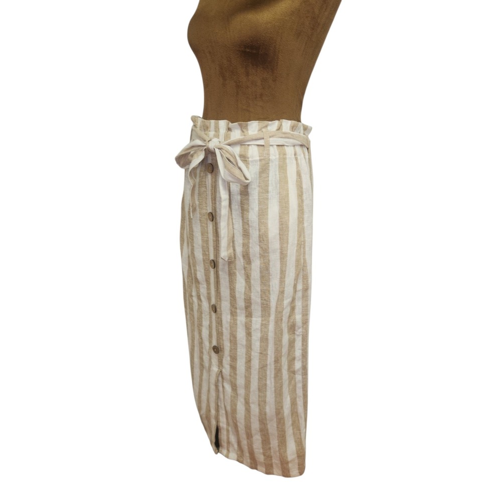 Love Tree Linen Blend Striped Midi Skirt Tan White Paperbag Waist Button Front M - Picture 2 of 8